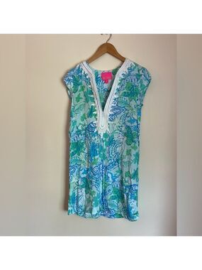 Lilly Pulitzer Madia Blue Green Tunic Shift Dress Small Crochet Neckline Resort
